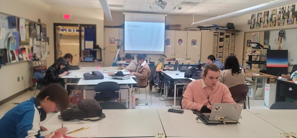 Varsity Art Wars members are practicing for the in-person art competition! Students are given a prompt and they must create an original artwork based off it in-the-moment! No prior art work prep allowed!