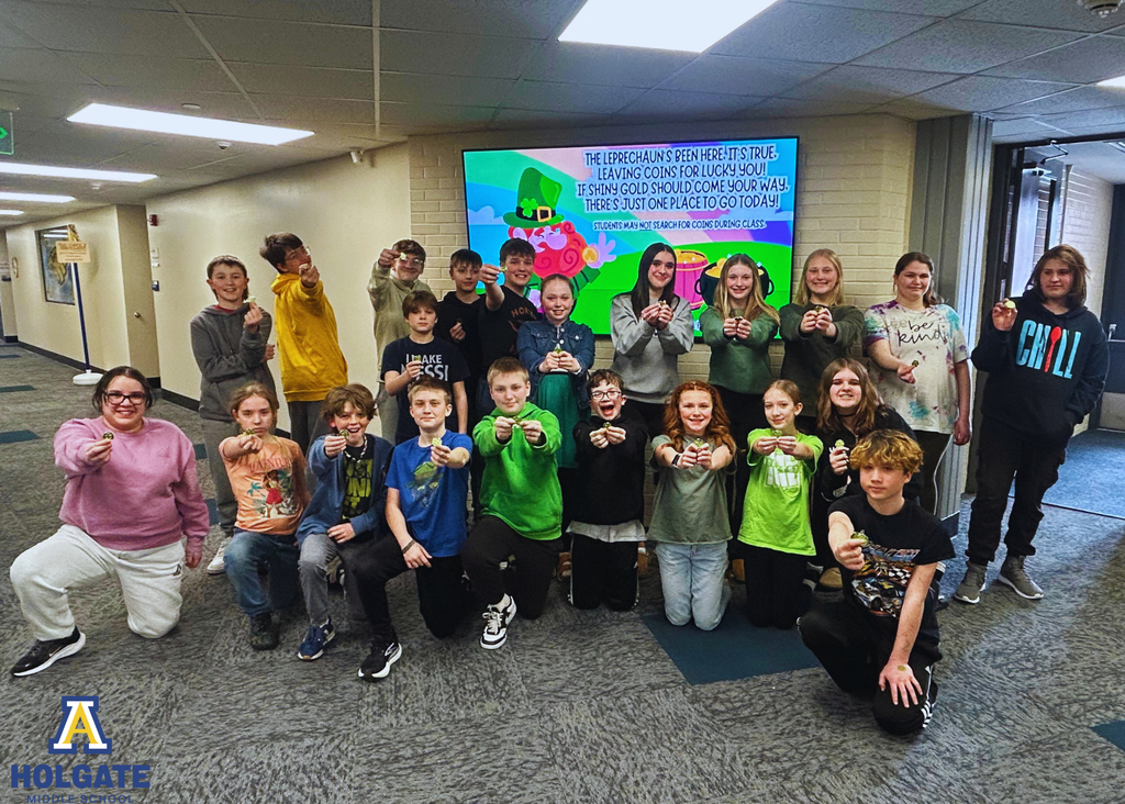 Looks like a clever leprechaun paid a visit to Holgate Middle School! 🍀✨ Students were on the lookout for hidden coins during passing periods—and if they found one, they could turn it in for a prize! 🪙🎉  Congrats to all of our LUCKY winners! 🌈 Go Eagles! 🦅💙💛