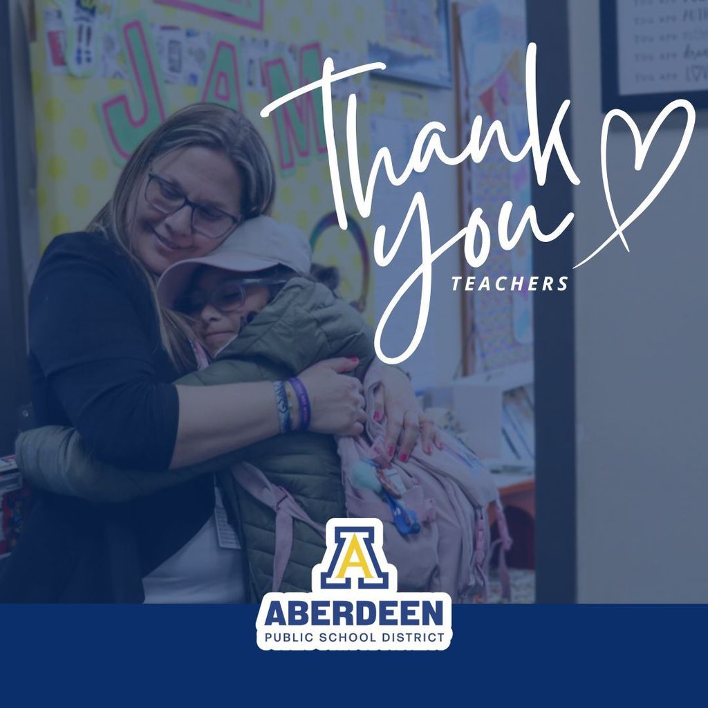 Thank you, teachers, with photo of teacher and student hugging