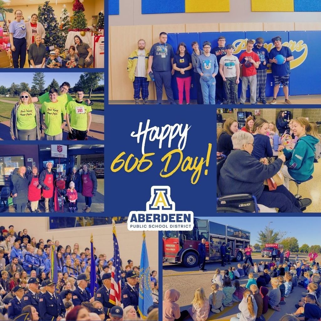 Happy 605 Day collage, including photos of students at SDSBVI, staff ringing Salvation Army Bells, nursing home residents delivering treats to CHS, the fire department visiting our students, and our students participating in a community walk, and our local Veterans Day program.