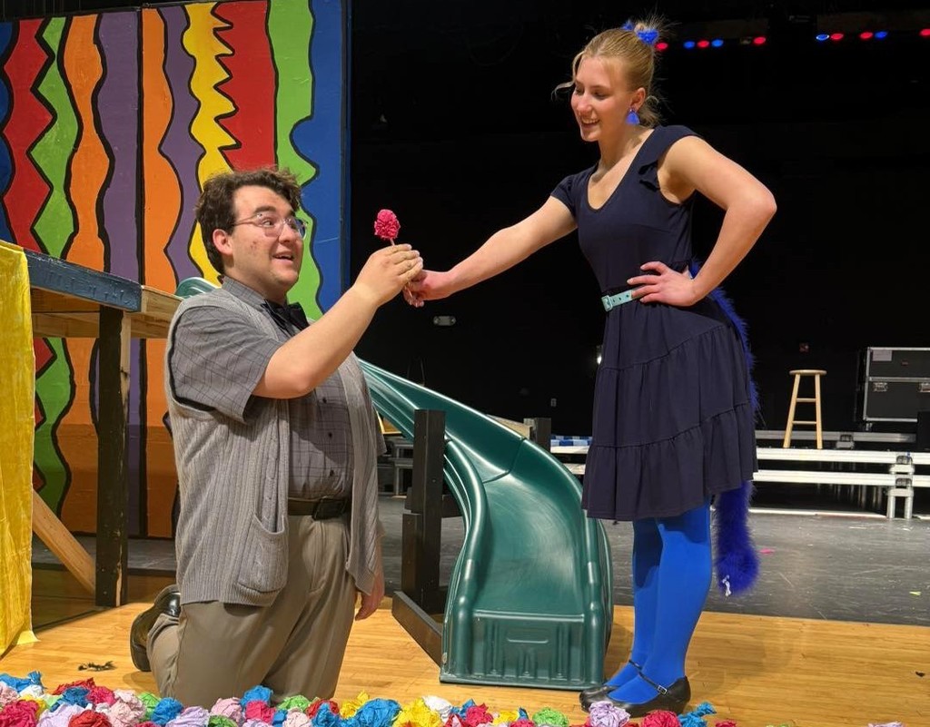 Joey Johnson and Elsa Schiferl on stage rehearsing "Seussical the Musical"