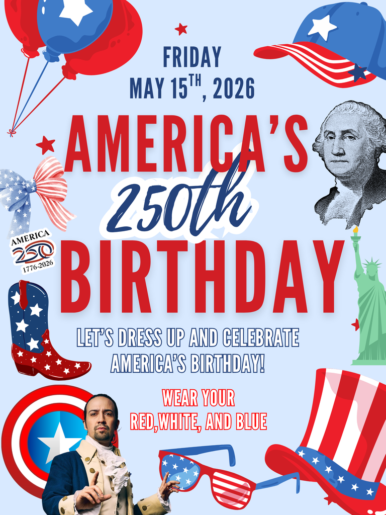 Get ready to show off your American spirit! ❤️🤍💙 Students are invited to dress head-to-toe in red, white, and blue for our exciting Eras Tour of America celebration on Friday, May 15th, as we honor 250 years of our nation’s history and celebrate America’s big 250th birthday! 🇺🇸🎉