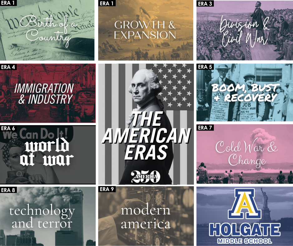 🇺🇸 America is turning 250 & Holgate Middle School is ready to celebrate! 🇺🇸 On Friday, May 15th, HMS students will journey through every era of American history during a day full of activities, learning, and celebration!  Students are encouraged to wear red, white, and blue as we honor 250 years of American history and spirit! ❤️🤍💙