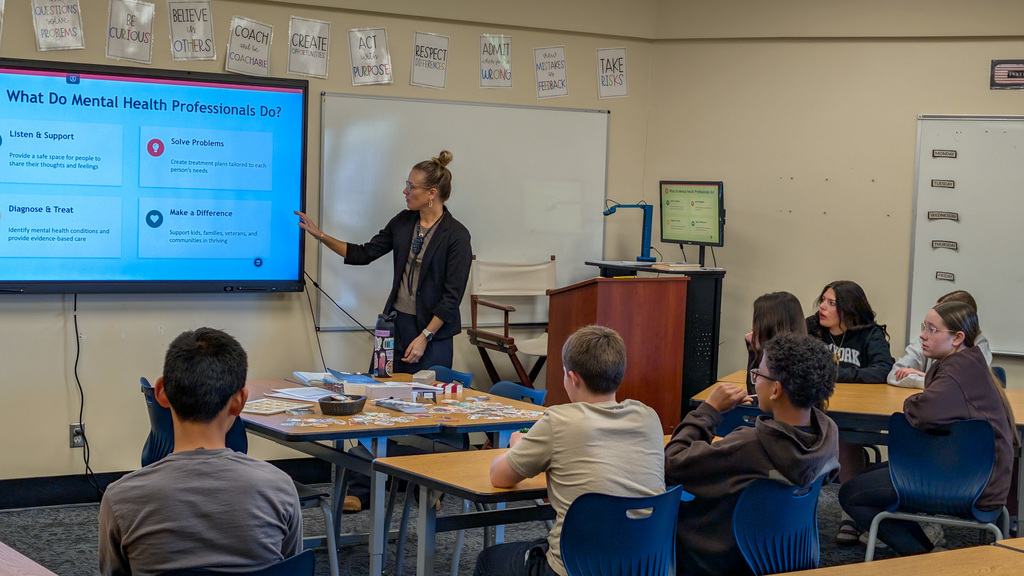 Holgate 8th graders listening to a presentation about psychology