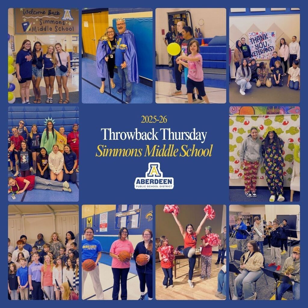 A collage of Simmons Middle School student photos from throughout the 2025-26 school year for Throwback Thursday