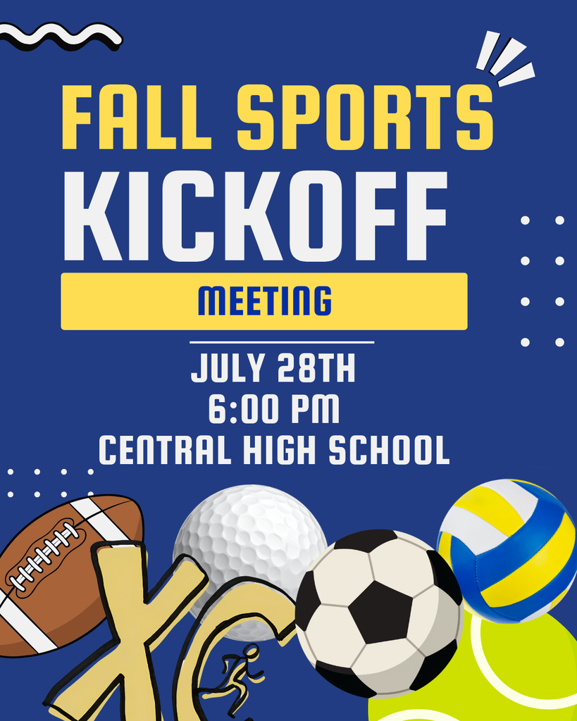 Fall sports meeting information with various sports equipment