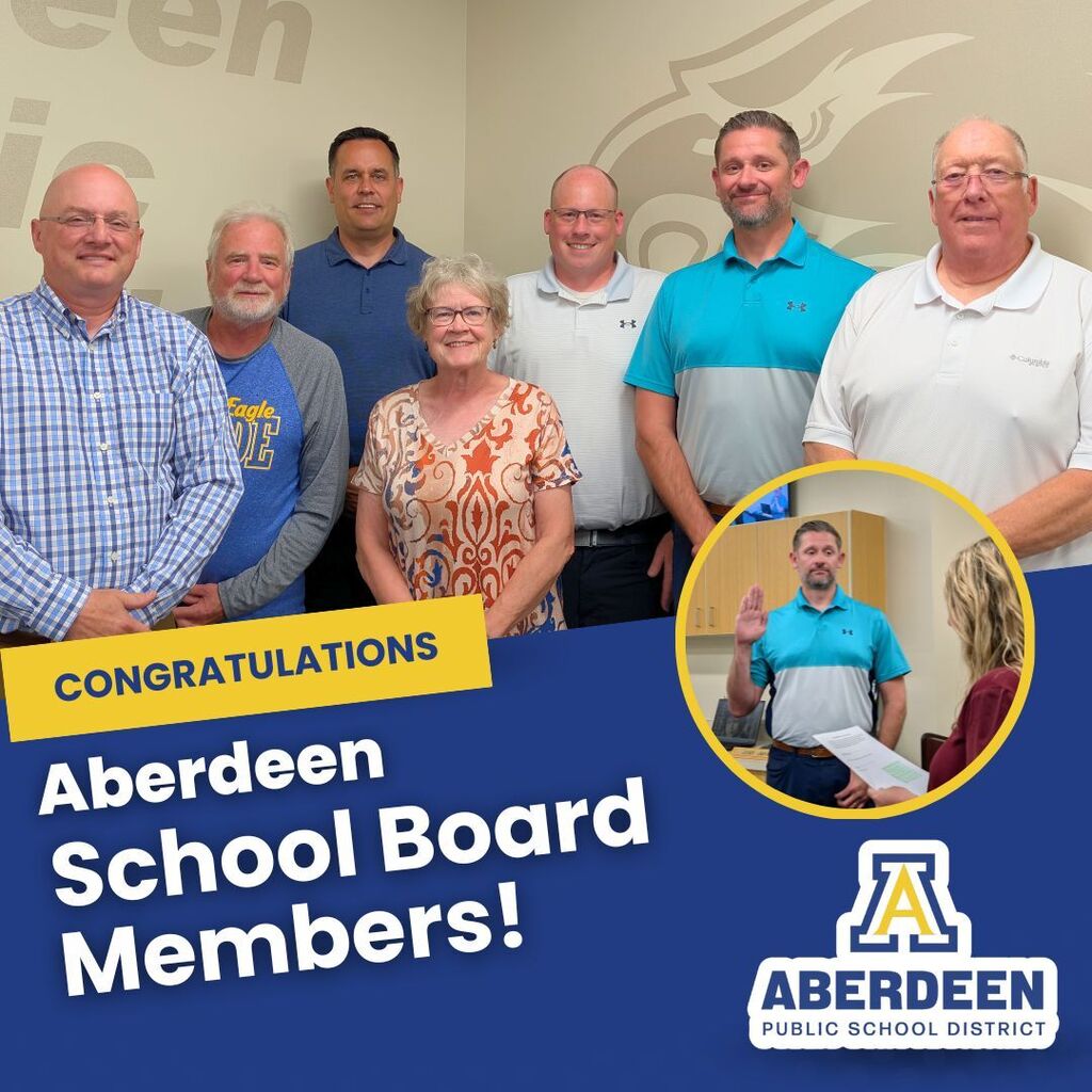 Congratulations, Aberdeen School Board Members! with group photo and photo of new member being sworn in