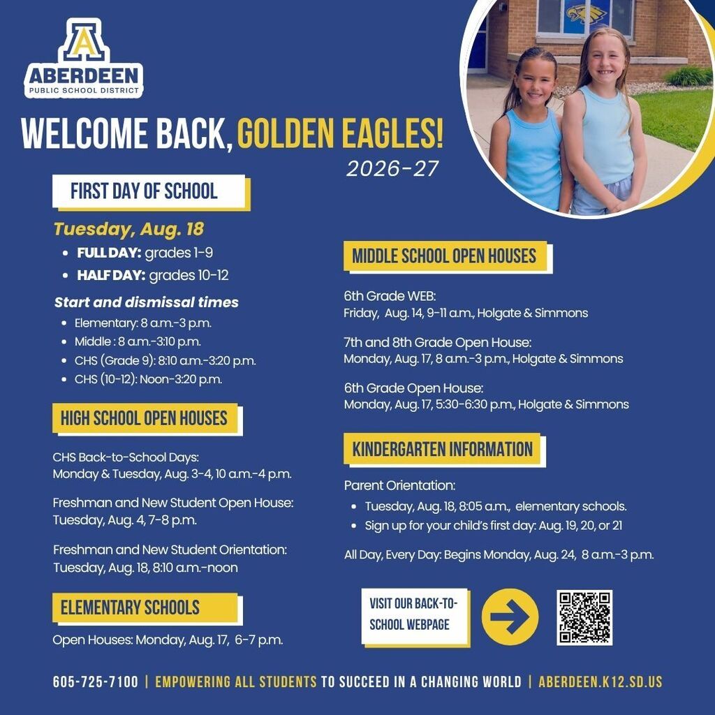 Important back-to-school dates 2026-27; contact 605-725-7100; aberdeen.k12.sd.us