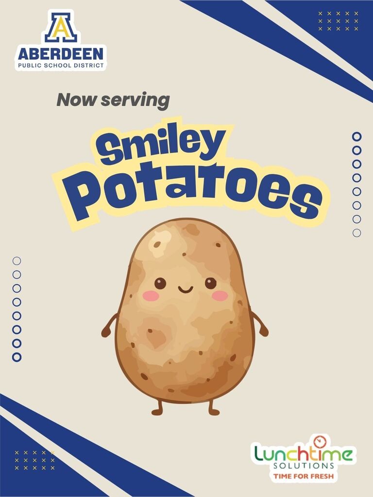 Image of smiling potato with text: Now serving Smiley Potatoes