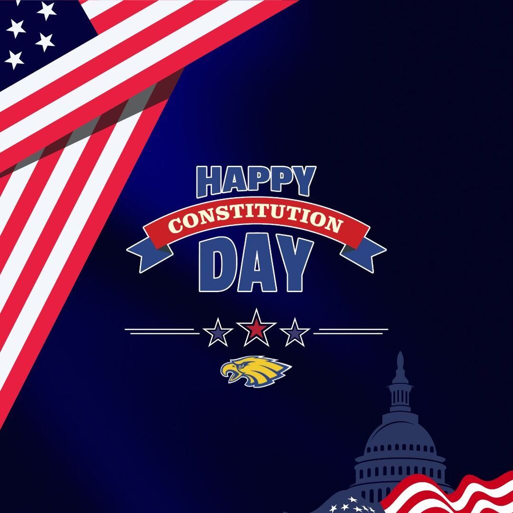 Happy Constitution Day with American Flag, U.S. Capitol and Golden Eagle head graphic