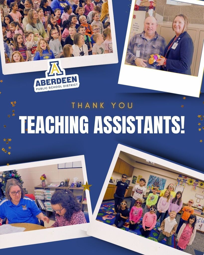 Thank you teaching assistants! with a collage of photos of educational assistants with students and Dr. Guffin
