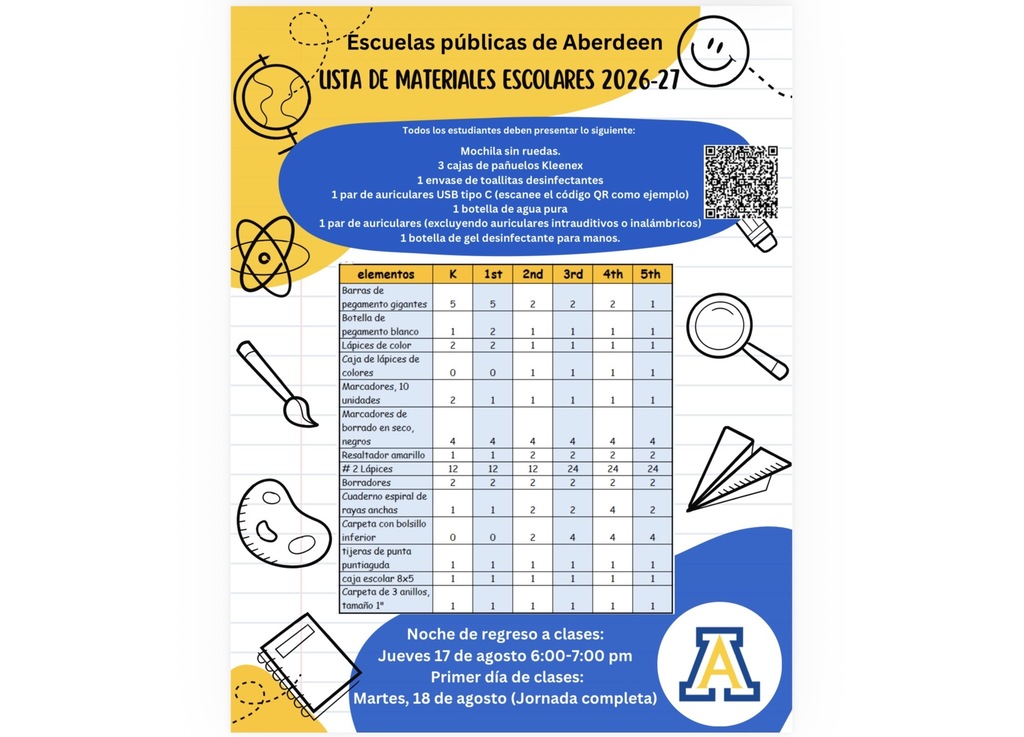 Aberdeen Public Schools Supply List 2026-2027 Spanish Translation