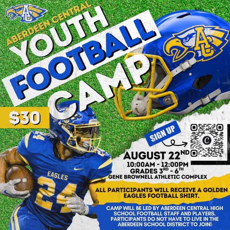 Golden Eagle youth football camp. $30 Grades 3-8! Join us August 22nd for the Golden Eagle youth football camp. Camp is open to anyone and all participants will receive a t shirt as well as instruction from Golden Eagle coaches and players.