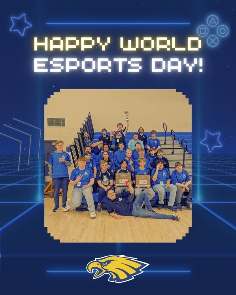Happy World Esports day! With gaming background and photo of CHS Esports Team
