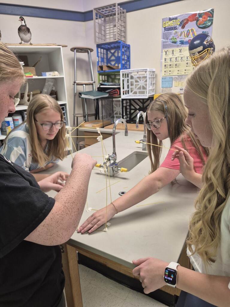 7th grade students using NGSS Science and Engineering Practices to complete the "Marshmallow Challenge" where they needed to build the tallest tower to support a marshmallow using spaghetti, string, and tape.  