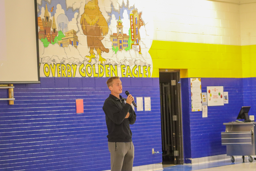 Golden Eagles Soccer player at the May Overby Homecoming Assembly