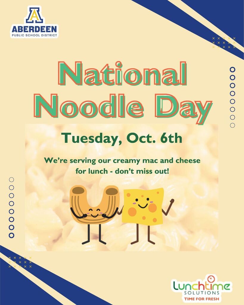 National Noodle Day, Tuesday, Oct. 6th - We're serving our creamy mac and cheese for lunch - don't miss out!