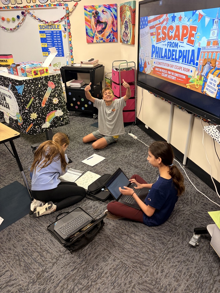 🇺🇸 Happy Constitution Day from Holgate Middle School! 🇺🇸  Today in Mr. Torrence, Mrs. Fiegler & Mr. Stanek’s classes, students are putting their history knowledge to the test with “Escape from Philadelphia.”  Working together, students are solving puzzles, cracking codes, and using what they’ve learned about the Constitutional Convention to try to save the U.S. Constitution!
