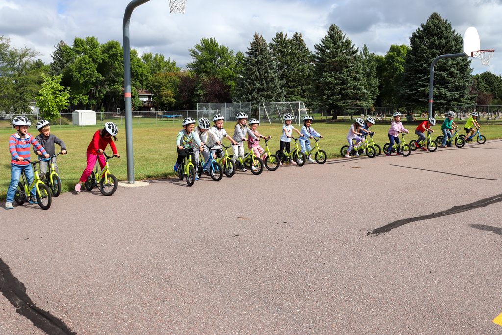 C.C. Lee students ready to ride Strider bikes during gym class