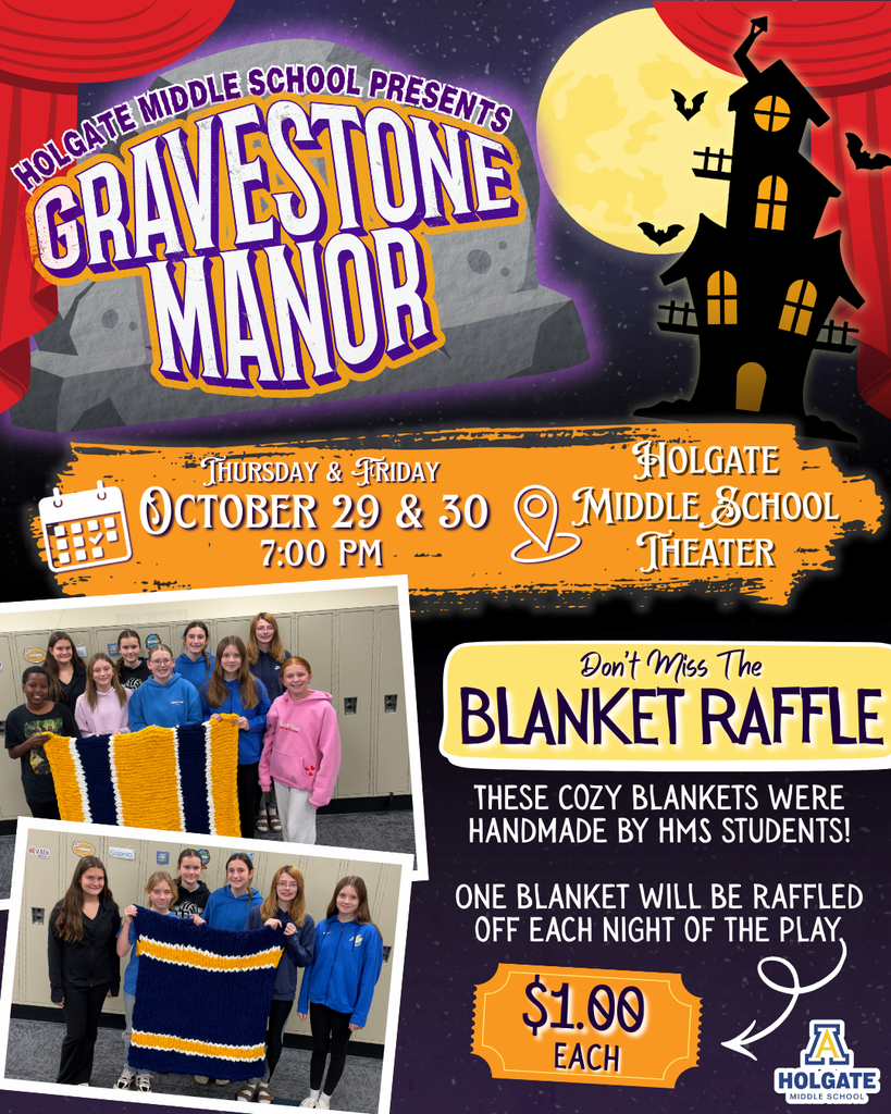 Come to the play!  We will be selling raffle tickets for your chance to win one of these amazing, hand made blankets from some of our very own 7th grade students, thanks Mrs. Doxsee! 