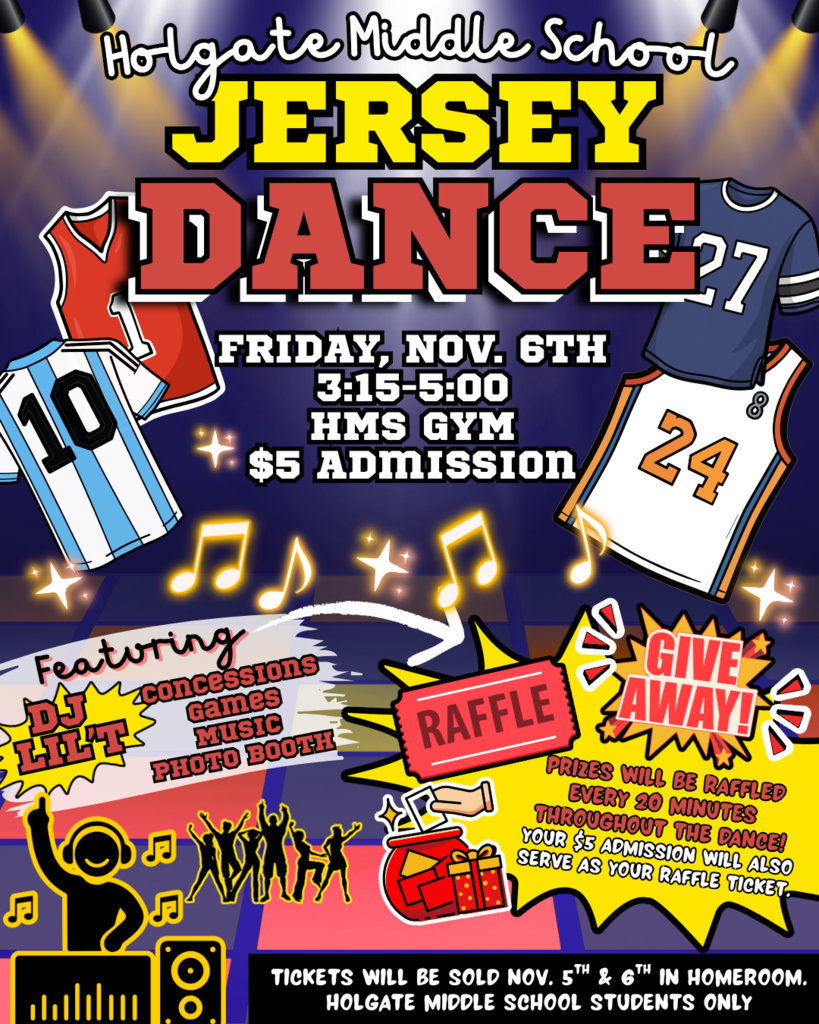 🏈🏀 JERSEY DANCE TIME! 🎶  Grab your favorite jersey and get ready for our first HMS dance of the year! DJ Lil T will be bringing the music, plus games, concessions, a photo booth, and GIVEAWAYS throughout the dance! 🎉  🎁 BONUS: One lucky student will take home our $50 GRAND PRIZE gift card bundle!  🎟️ $5 admission includes your raffle entry! Tickets will be sold during homeroom November 5th & 6th.  Friday, November 6 | 3:15–5:00 PM  Let's kick off the weekend with some fun! 