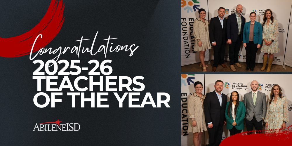 A graphic with the text: Congratulations 2025-26 Teachers of the Year Abilene ISD and two photos of the Teachers of the Year taken at the award ceremony