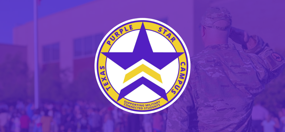 Texas Purple Star Campus Logo on top of a purple background covering a photo of a military service member in front of Dyess Elementary School