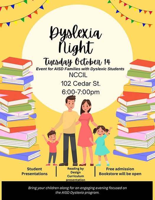 Poster of family under the words: Dyslexia Night, Tuesday October 14th