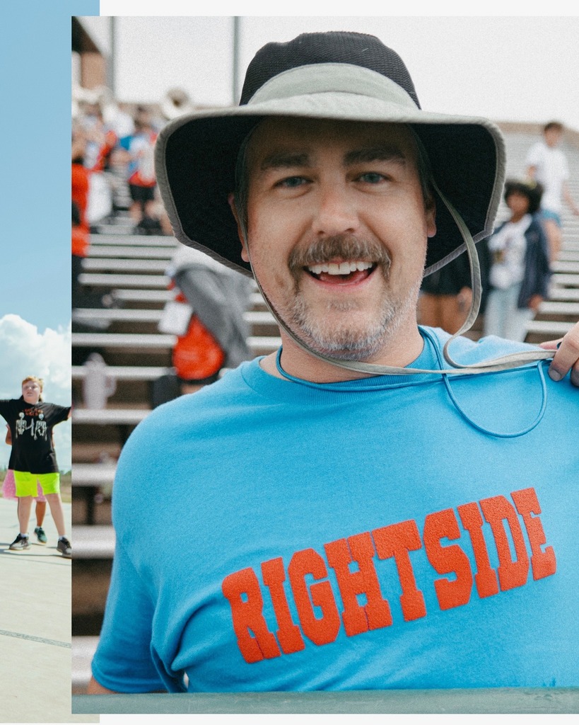 A photo of the assistant principal at Cooper wearing a Rightside shirt