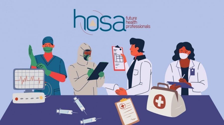 Colorful cartoon graphic for HOSAโFuture Health Professionals featuring students representing a variety of healthcare careers and professions.