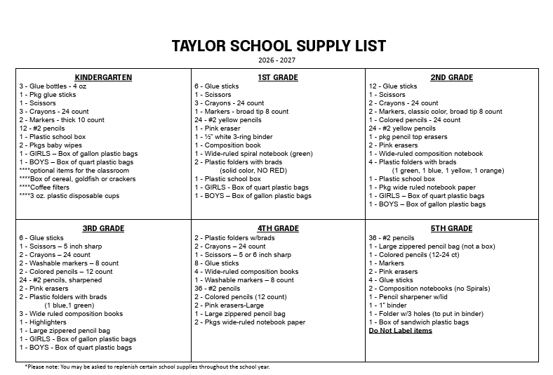school supply lists