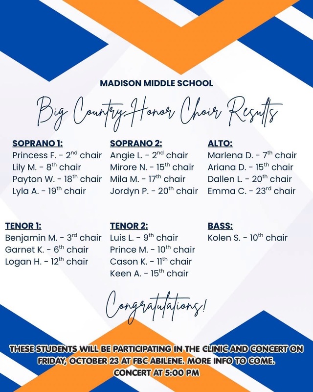 List of students and their chair placement results for the Big Country Honor Choir