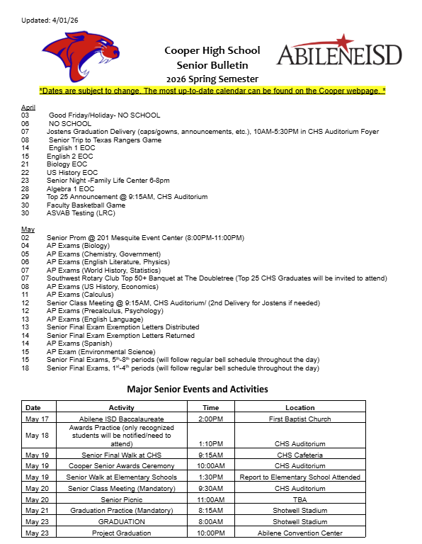 SENIOR BULLETIN 2026 DETAILS