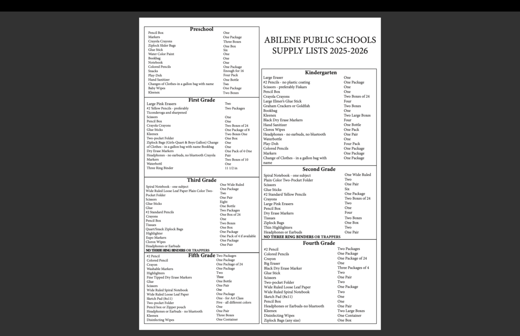 PK-5th grade school supply lists