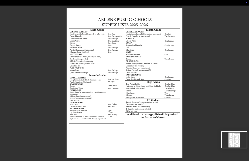 7th-12th grade school supply lists