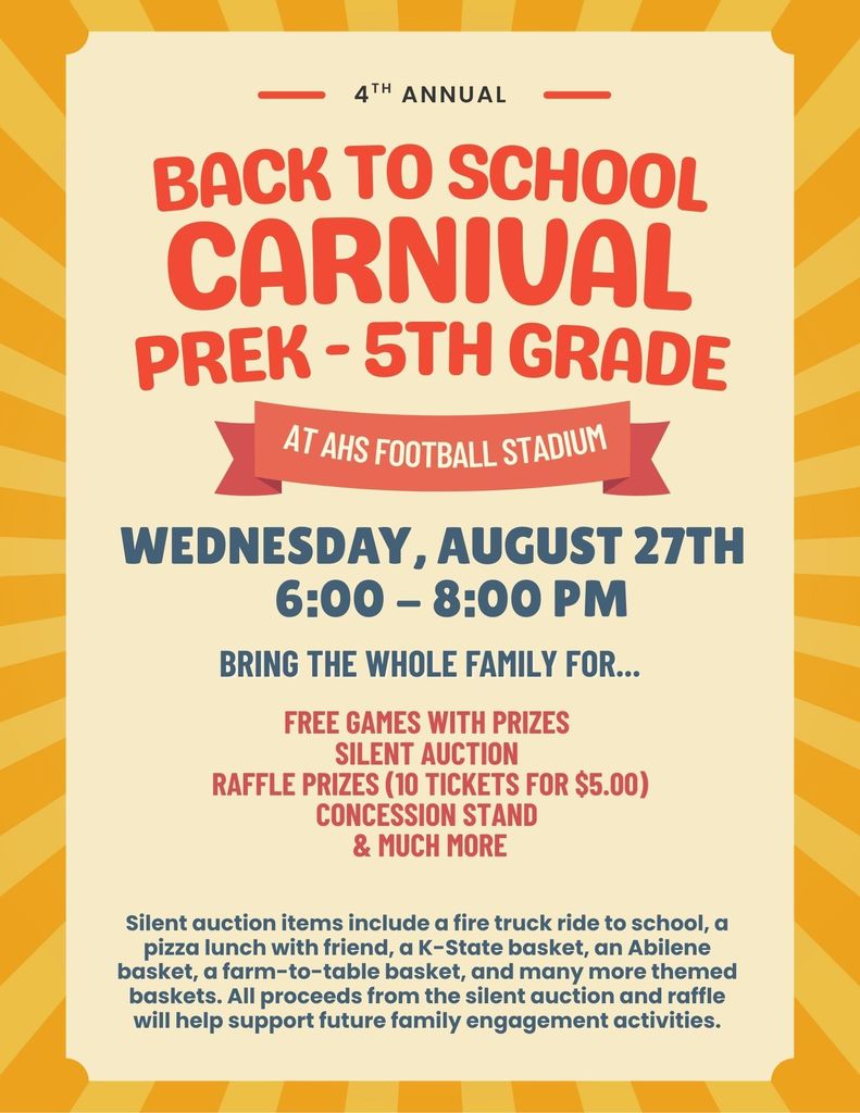 Back to School Carnival from 6-8pm on August. 27th