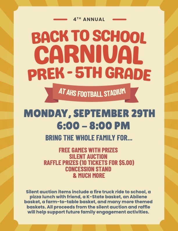 Back to School Carnival on Sept. 29th from 6-8pm at the AHS football field!