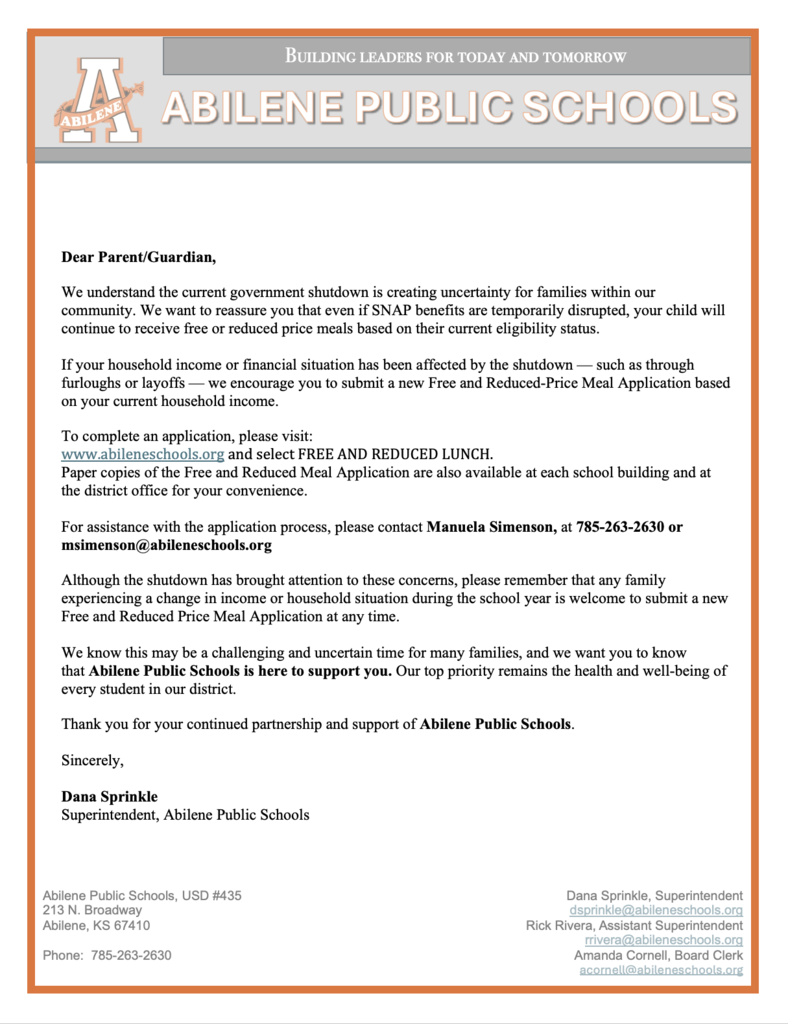 Letter to USD 435 Families informing about continued free and reduced eligibility during shut down 