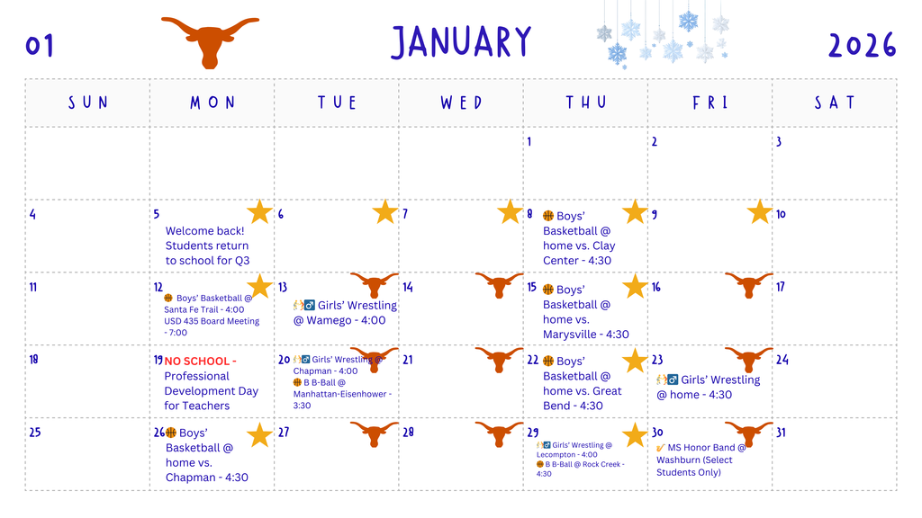 Calendar of events for January