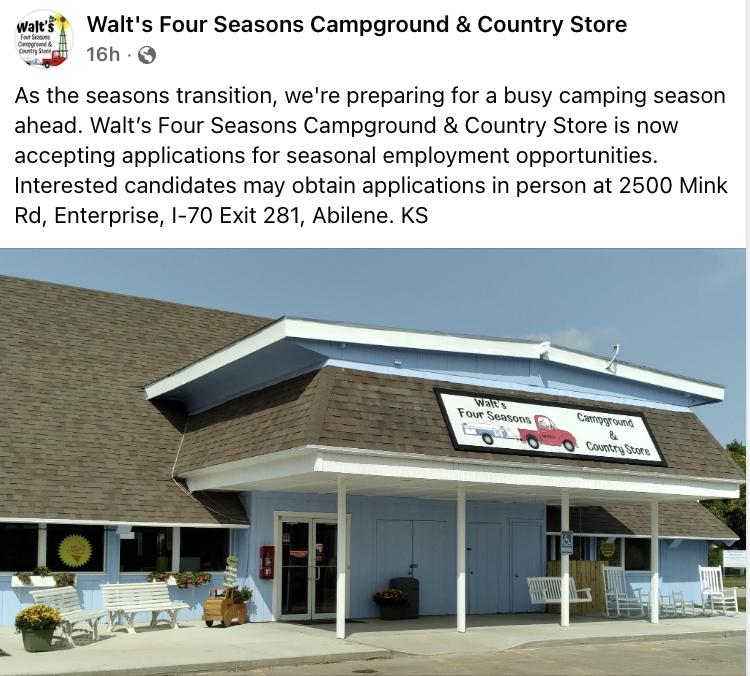 Job Notice for Walt's Campground & Country Store