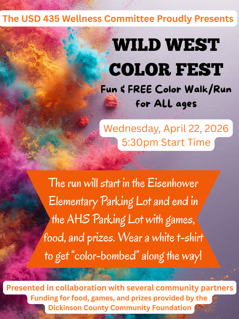 Flyer for a FREE Wild West Color Fest fun walk/run on April 22 at 5:30