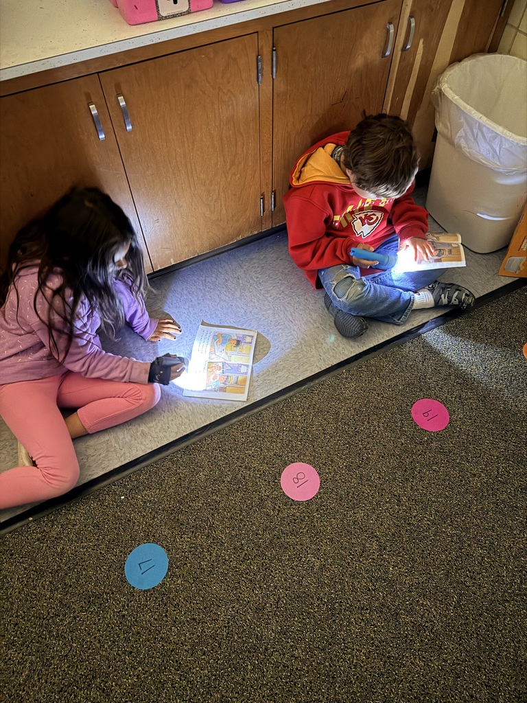 Mrs. Perkins class reading with flashlights on lights off day!