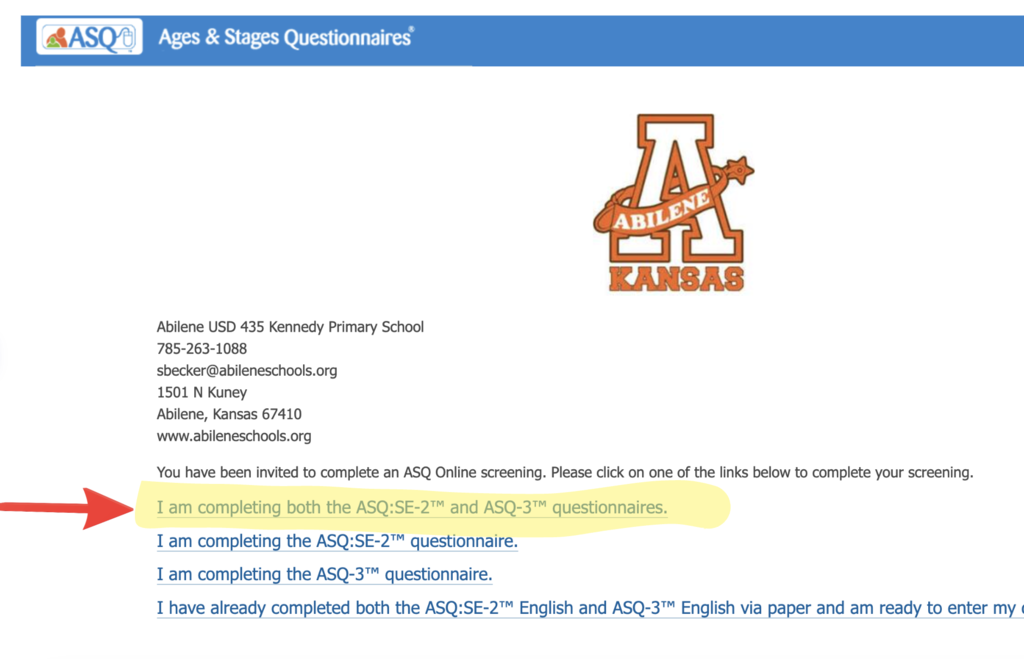 Screenshot of the website to show parents where to enter for the questionnaires.