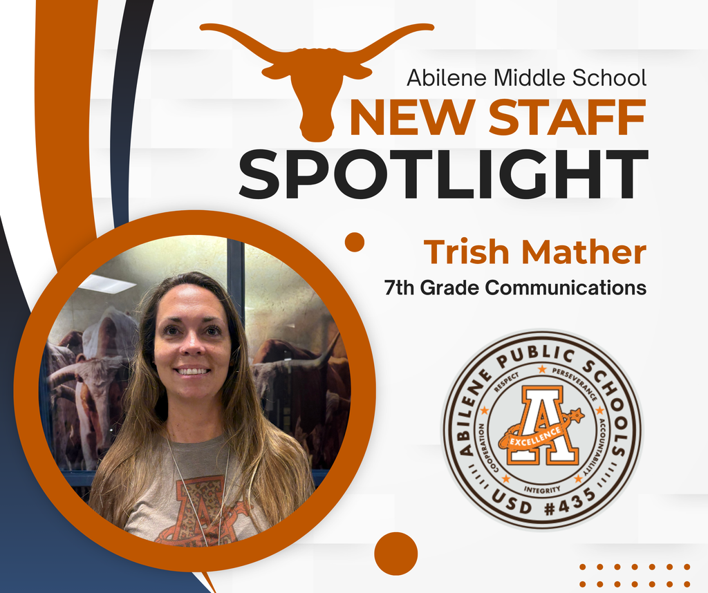 new staff spotlight graphic for trish mather who is teaching 7th grade communications