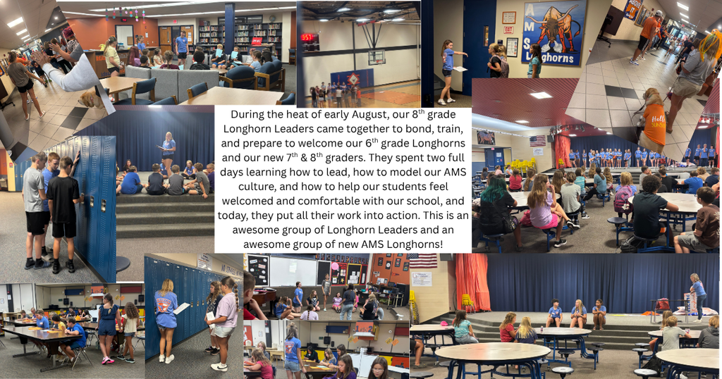 A collage of pictures from Longhorn Leader training, 6th grade orientation, and new 7th & 8th grade orientation