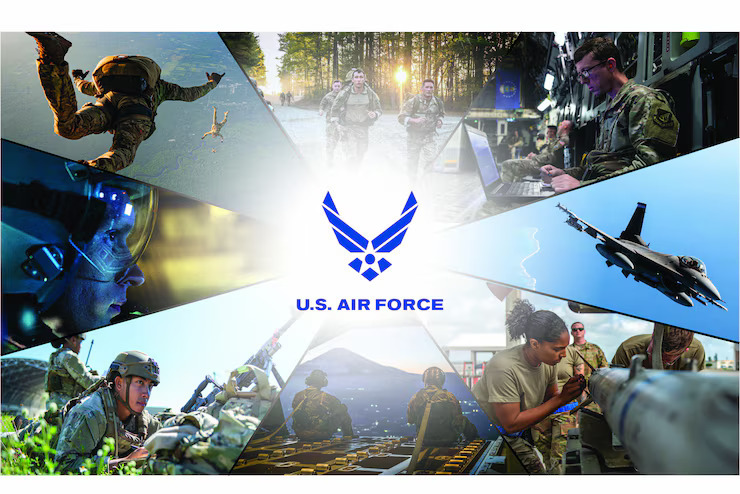 USAF Logo and pictures of various AF service members