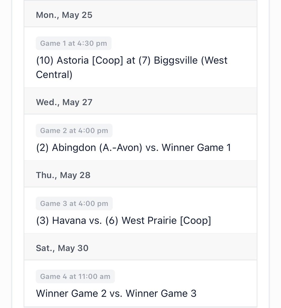 ⚾ A-Town Baseball IHSA Regional Update ⚾ The road to Regionals starts now! #2 A-Town will take on the winner of South Fulton vs. West Central on Wednesday, May 27 at 4:00 PM. IHSA Regional Bracket Monday, May 25 🕓 Game 1 – 4:30 PM (10) South Fulton vs. (7) West Central ⬇️ Winner advances to face A-Town Wednesday, May 27 🕓 Game 2 – 4:00 PM (2) A-Town vs. Winner of Game 1 Thursday, May 28 🕓 Game 3 – 4:00 PM (3) Havana vs. (6) West Prairie Saturday, May 30 🕚 Regional Championship – 11:00 AM Winner of Game 2 vs. Winner of Game 3 Let’s pack the stands and support the Tornadoes! 🌪️⚾