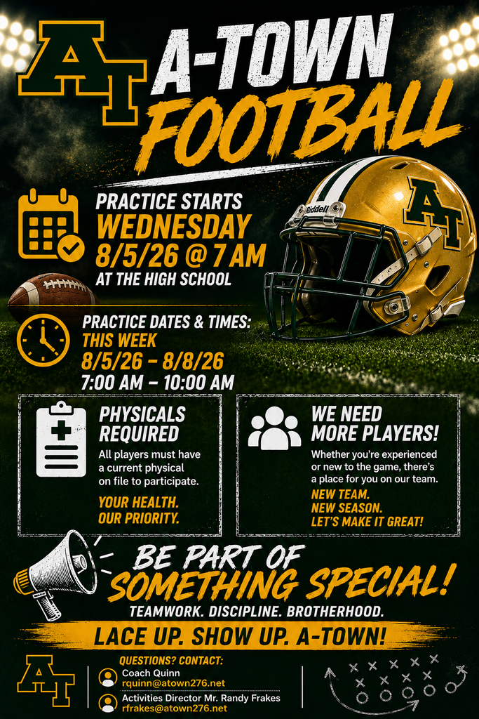 Football practice starts this Wednesday, August 5th from 7 - 10 am, Sports physicals needed to participate, hope to see you there