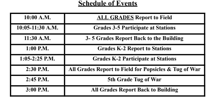 Field Day Schedule of Events