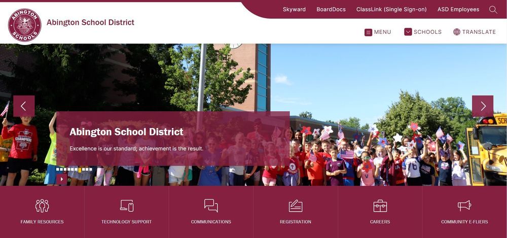 Screenshot of new Abington School District homepage. Visit www.abingtonsd.org to access the new site.